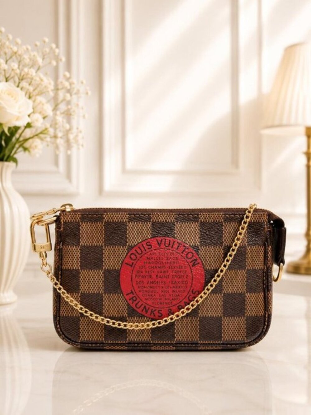 Authentic Louis Vuitton Mini Pochette Accessoires Damier Ebene Chain Pouch